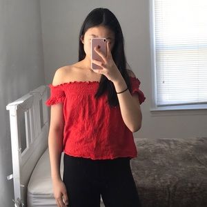 pull&bear red off the shoulder top
